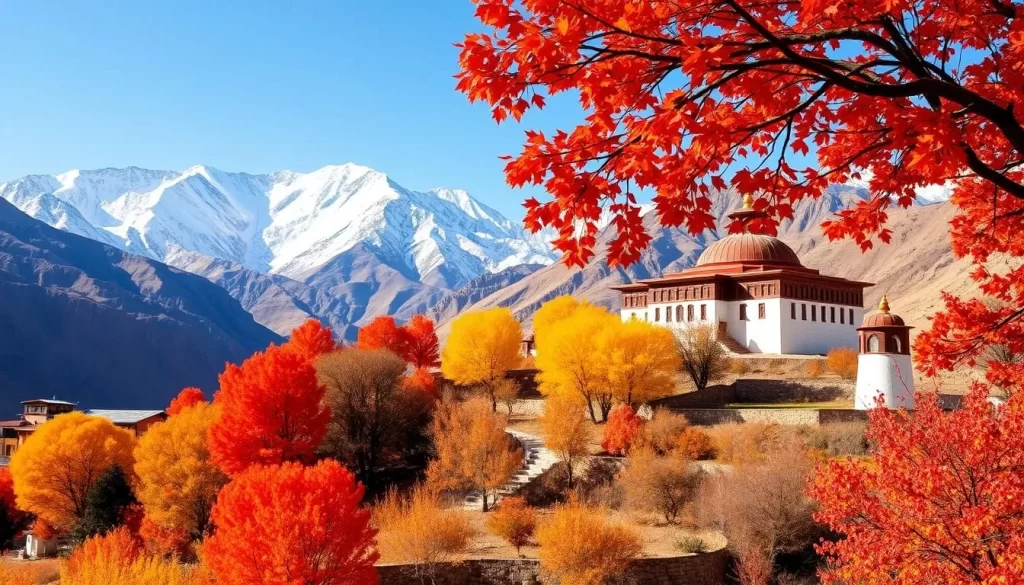 Generate an image of Ladakh during autumn, with vibrant colors and monasteries in the backdrop.