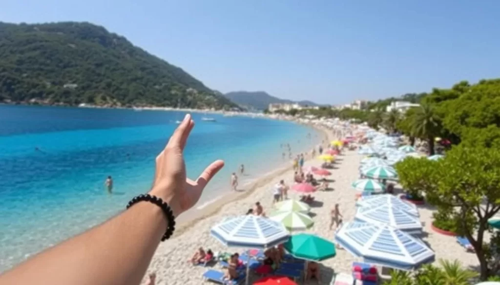 Generate an image of Ladies Beach Kusadasi with clear blue waters and lively atmosphere.