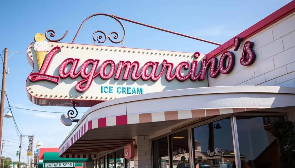 Generate an image of Lagomarcino's Davenport exterior with a vintage ice cream parlor sign. Generate an image of Lagomarcino's Davenport exterior with a vintage ice cream parlor sign.