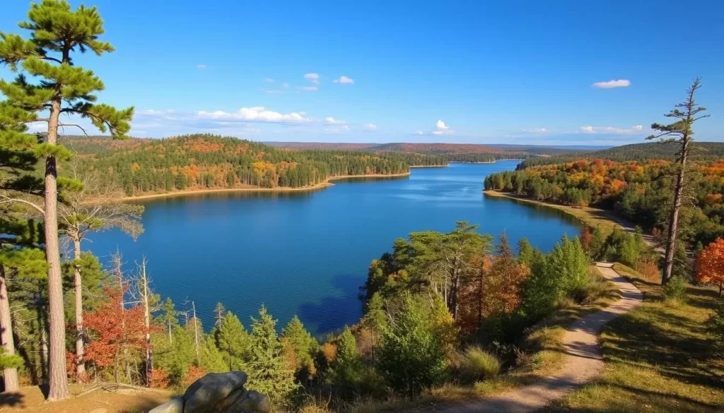 Generate an image of Lake Lurleen State Park with its 250-acre lake and surrounding trails.