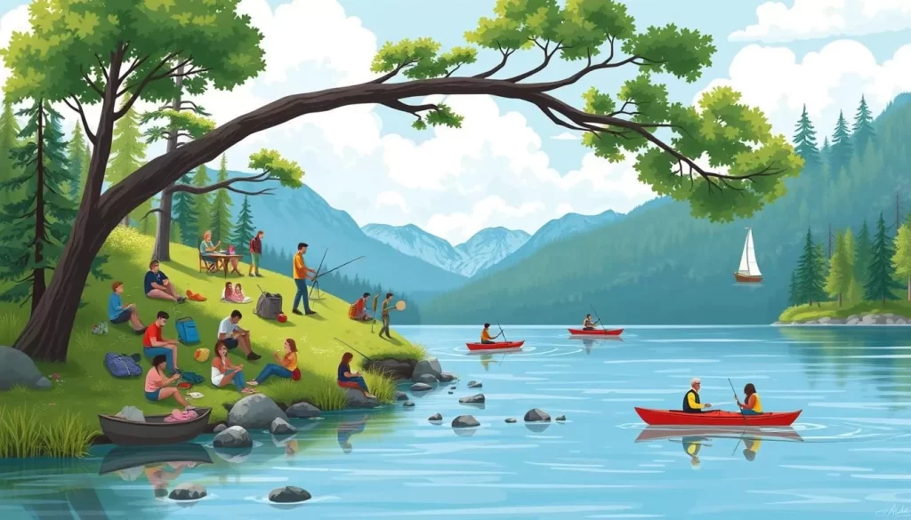 Generate an image of Lake Mitchell with people engaging in various outdoor activities.