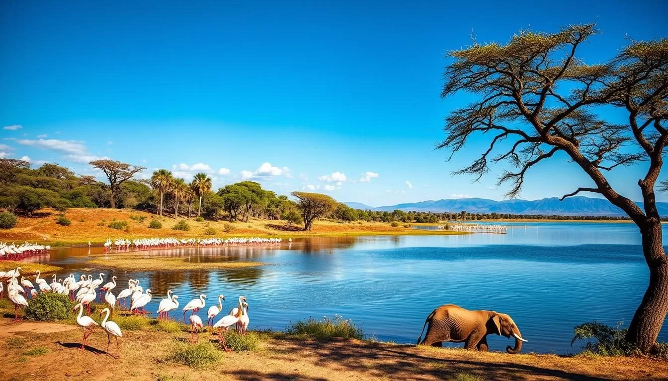 Generate an image of Lake Nakuru with diverse wildlife and landscapes.
