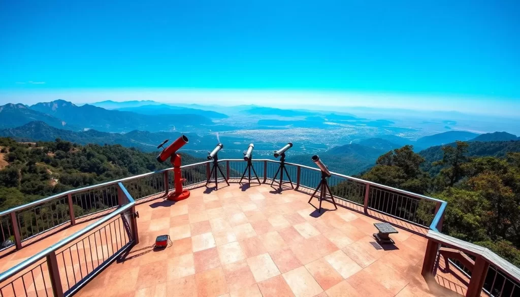Generate an image of Lal Tibba with telescopes at the observatory deck.