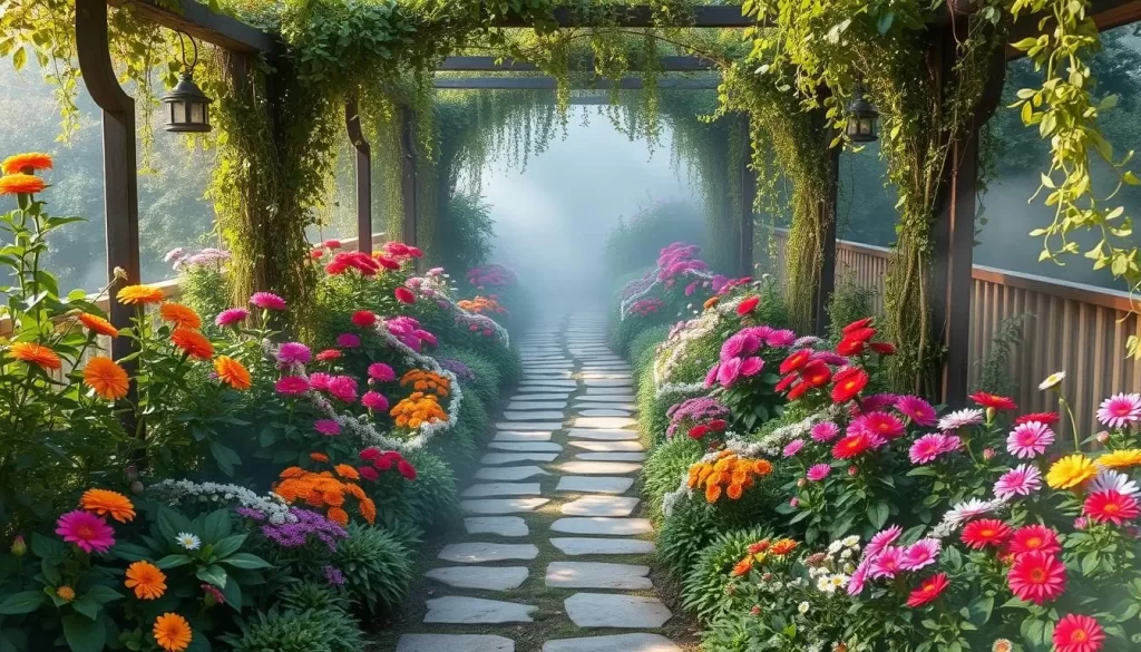 Generate an image of Lalitta Café's dreamlike garden setting with misty pathways and vibrant flowers.