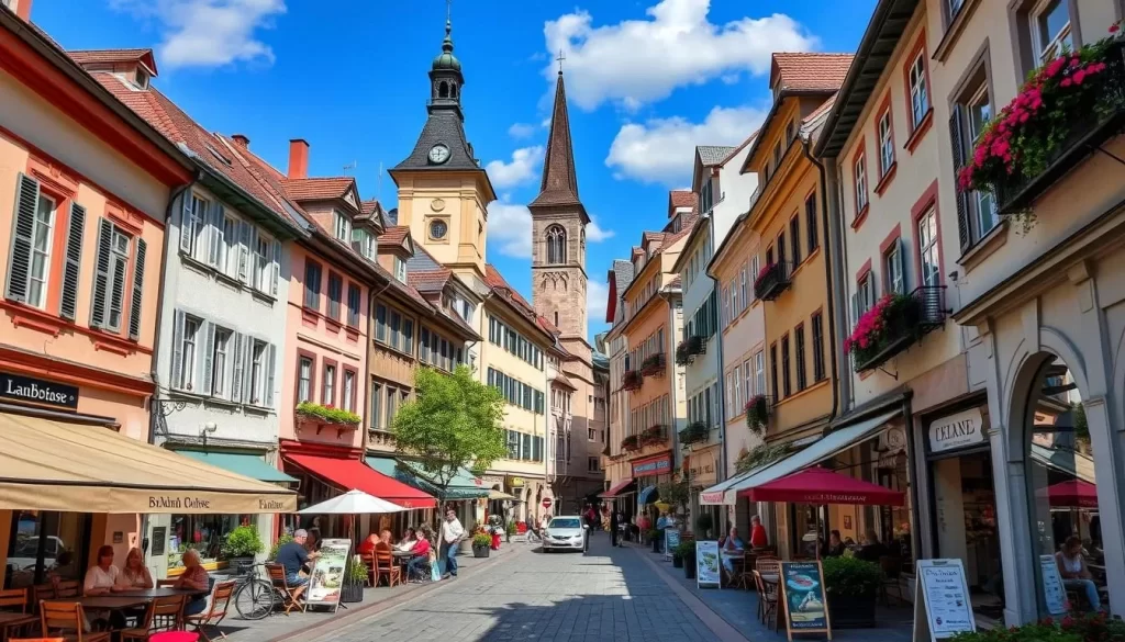 Generate an image of Landstrasse, the pedestrian zone in Krems' old town, lined with shops and cafes.