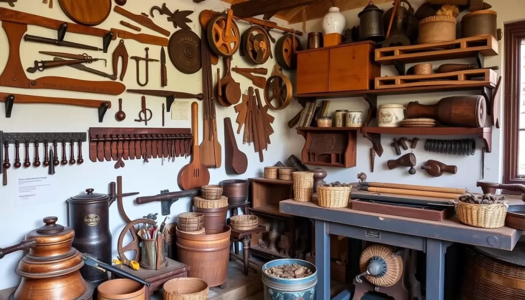 Generate an image of Le Musée du Tabac de la Semois, featuring its collection of vintage tobacco production implements.