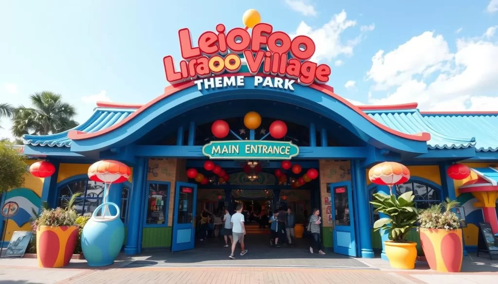 Generate an image of Leofoo Village Theme Park's main entrance, showcasing its vibrant colors and lively atmosphere.