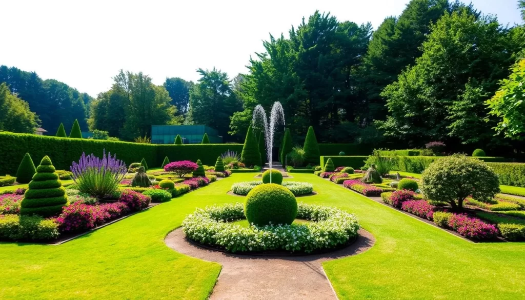 Generate an image of Les Jardins d'Aldringen, highlighting its beautifully maintained gardens and serene atmosphere.