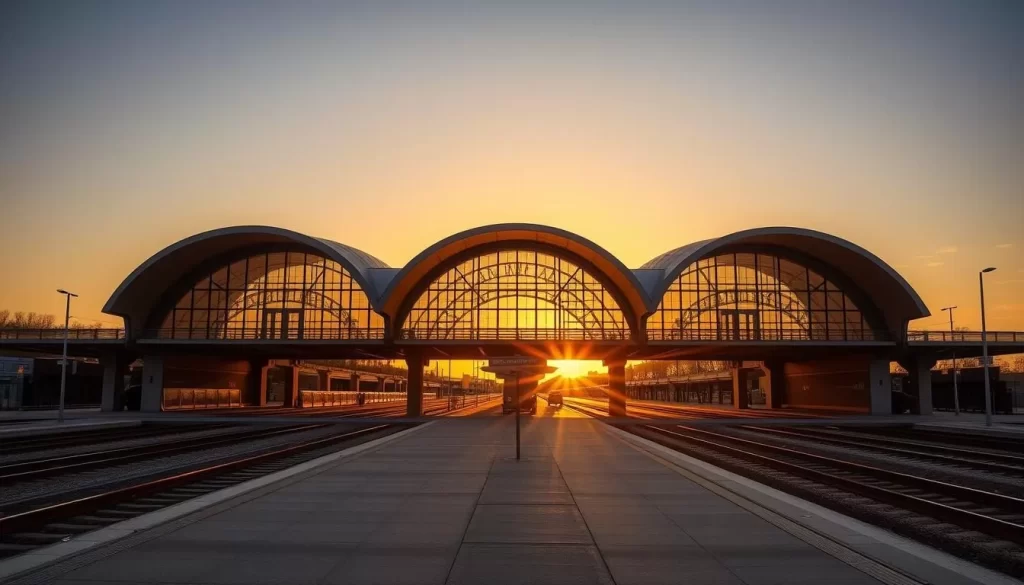 Generate an image of Liège-Guillemins Railway Station at sunset with its distinctive arches illuminated.