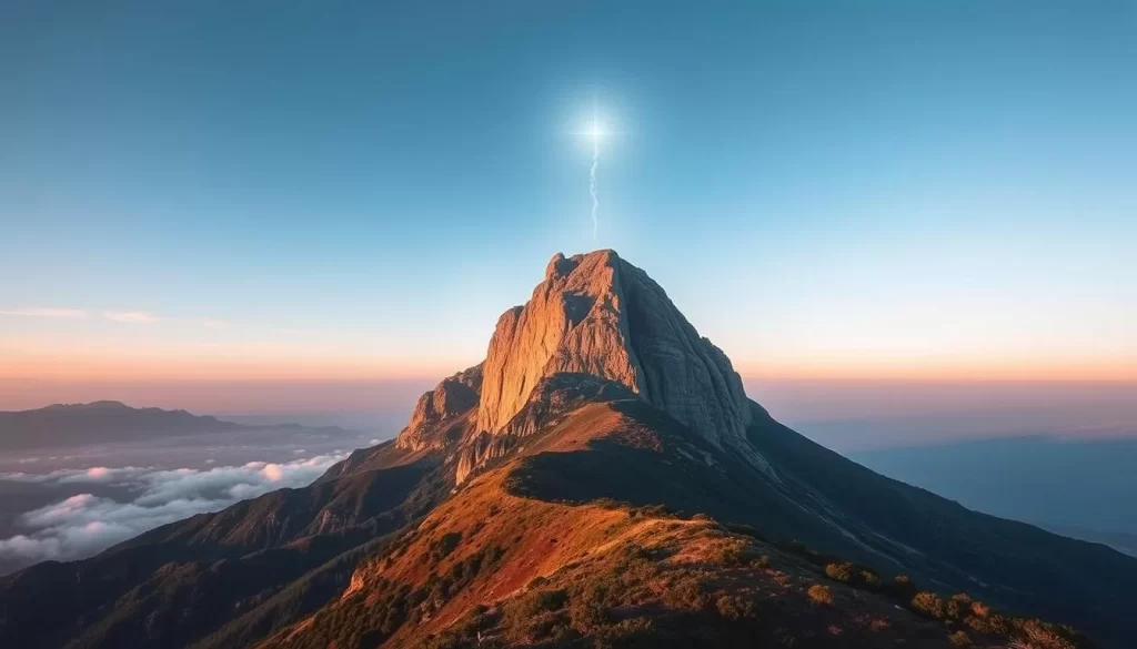 Generate an image of Lion's Head Mountain's serene landscapes and spiritual aura.