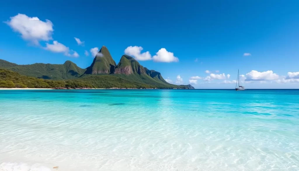 Generate an image of Lord Howe Island's pristine beaches with crystal-clear waters and a dramatic backdrop of twin peaks.