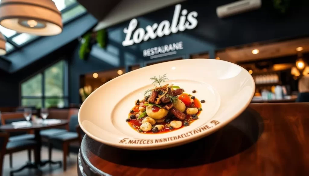 Generate an image of Loxalis restaurant in Dudelange, highlighting its elegant ambiance and a dish from its contemporary menu.