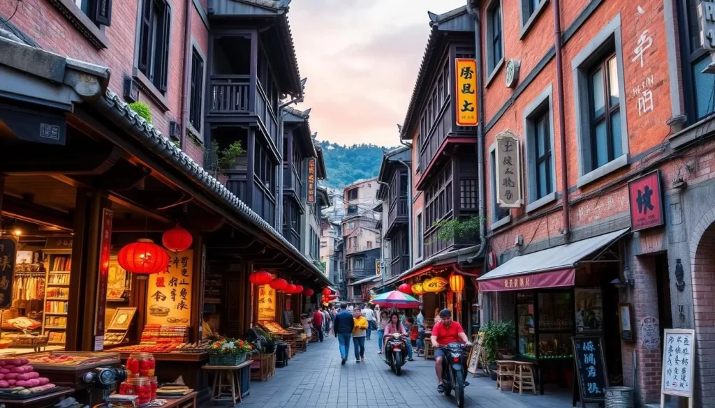 Generate an image of Lukang Old Street with traditional Taiwanese architecture and vibrant cultural activities.