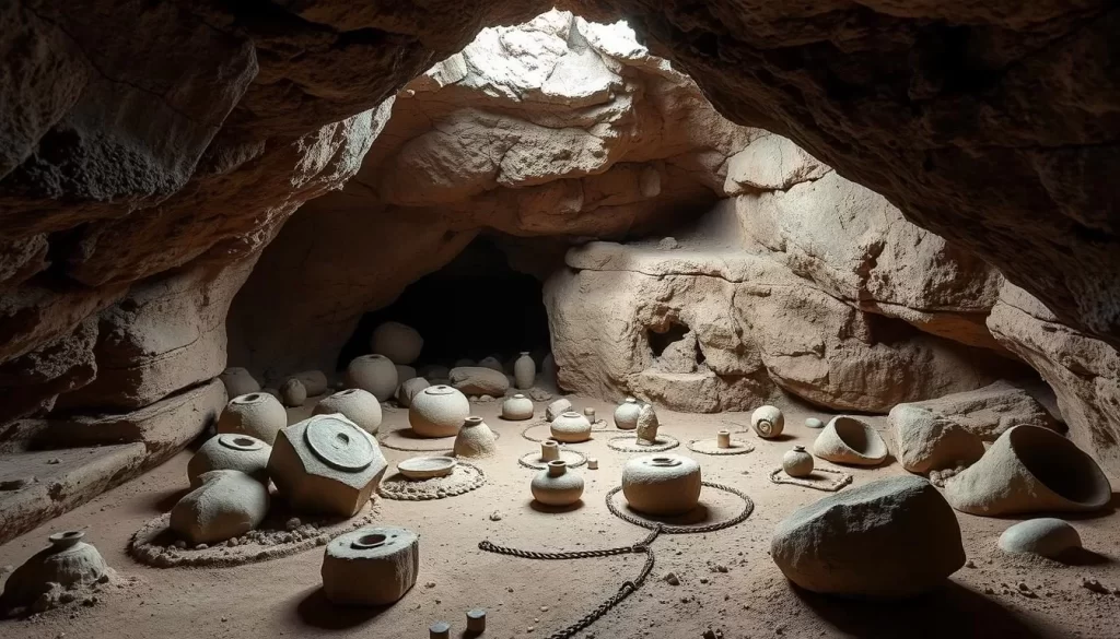 Generate an image of Lukenya Caves with archaeological artifacts.