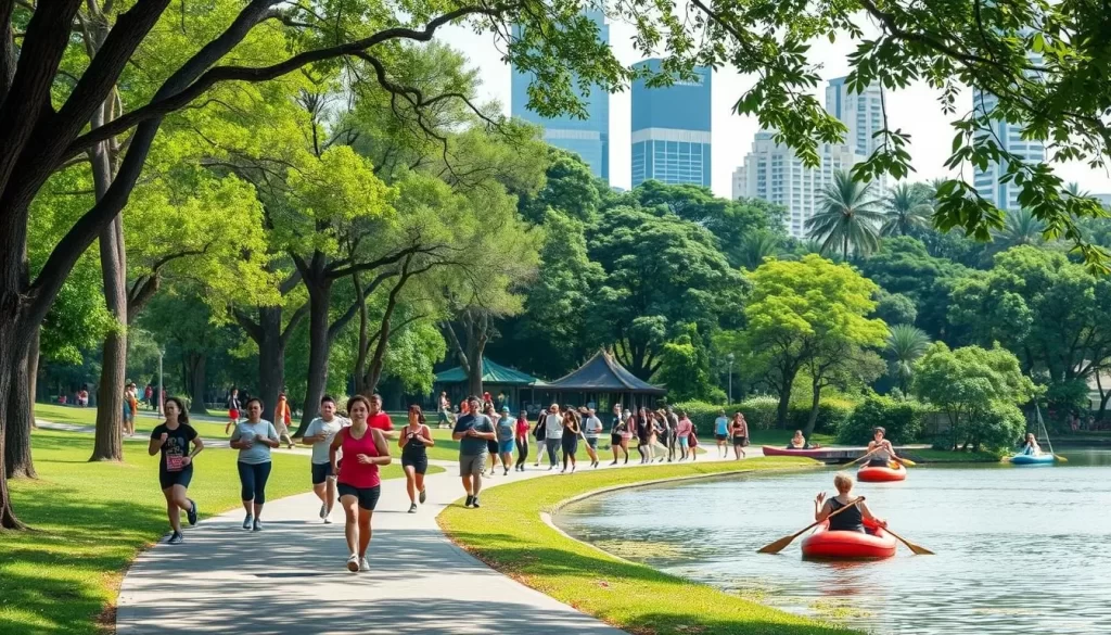 Generate an image of Lumpini Park with people engaging in different activities, such as jogging, tai chi, or paddle boating.