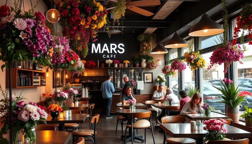 Generate an image of MARS Cafe's flower-filled interior.