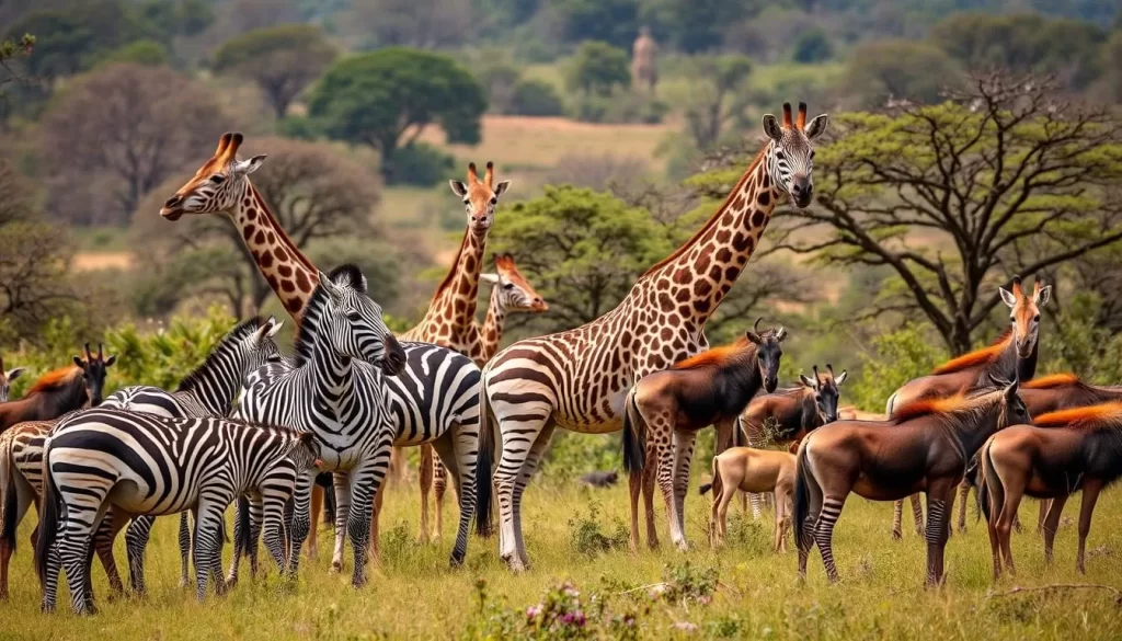 Generate an image of Maanzoni Sanctuary, featuring its diverse wildlife such as zebras, giraffes, and wildebeests.