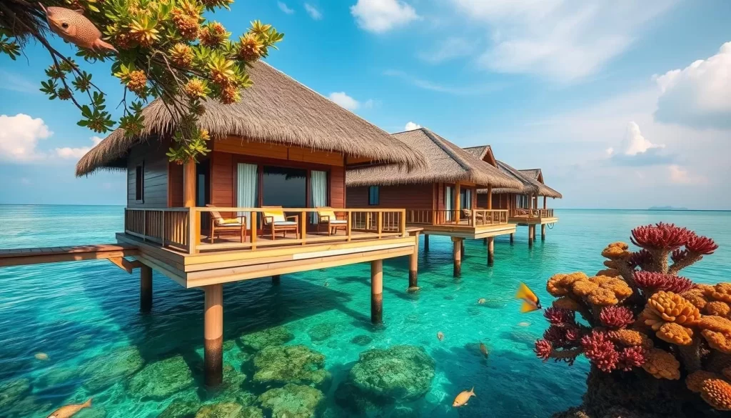 Generate an image of Mabul Water Bungalows, highlighting its bungalows over water and the surrounding marine life.