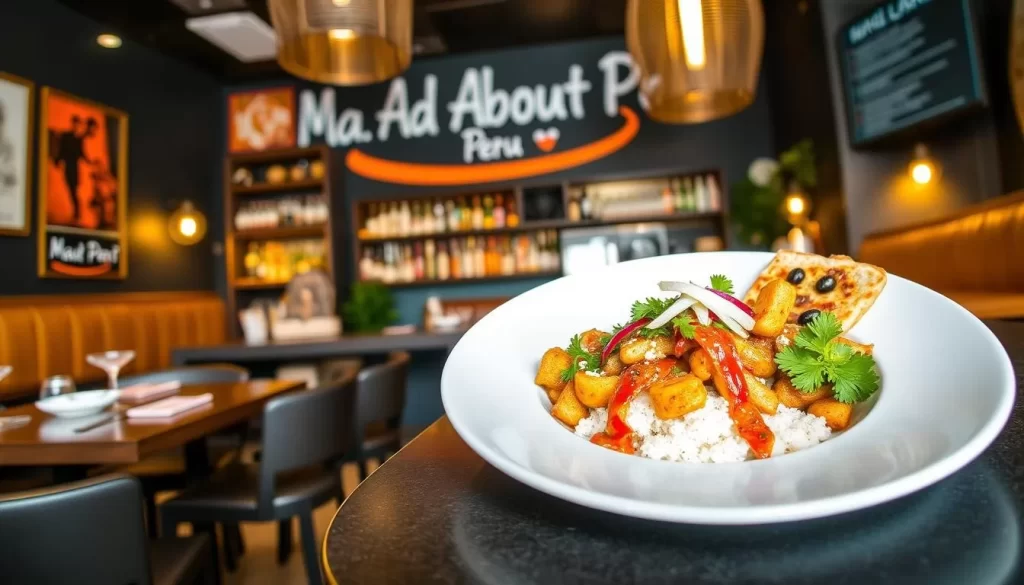 Generate an image of Mad About Peru restaurant in Dudelange, featuring a vibrant atmosphere and a traditional Peruvian dish.