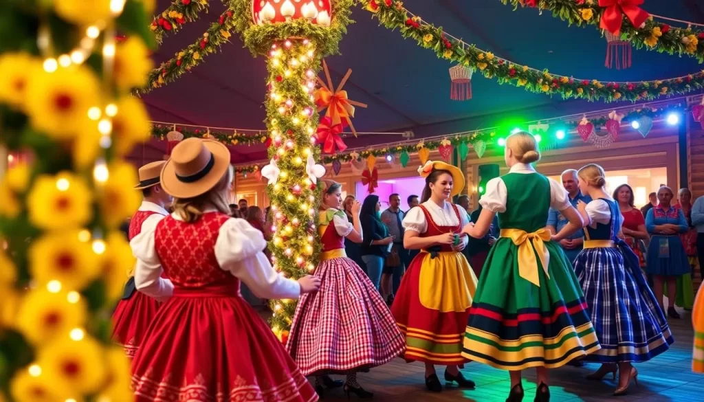 Generate an image of Maifest in Amana Colonies, featuring Maipole dancers and German music.