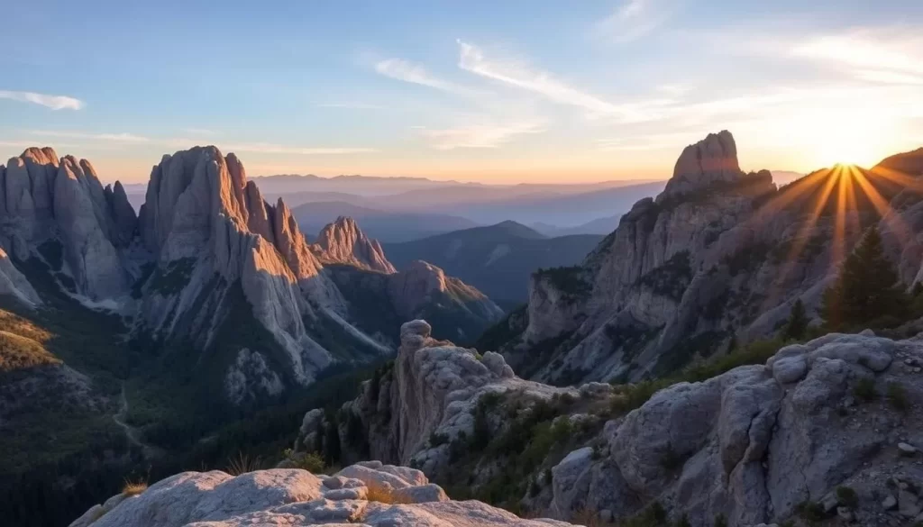 Generate an image of Maisan Provincial Park's distinctive "horse-ear" mountains at sunrise.