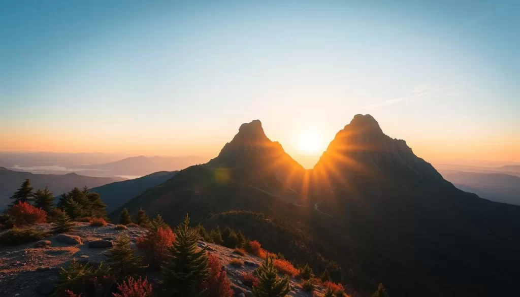 Generate an image of Maisan Provincial Park's twin peaks at sunrise.