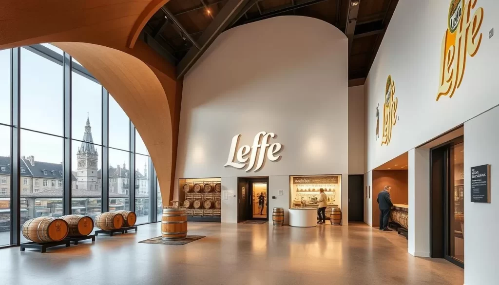 Generate an image of Maison Leffe, a modern visitor center and museum showcasing the history of Leffe beer.