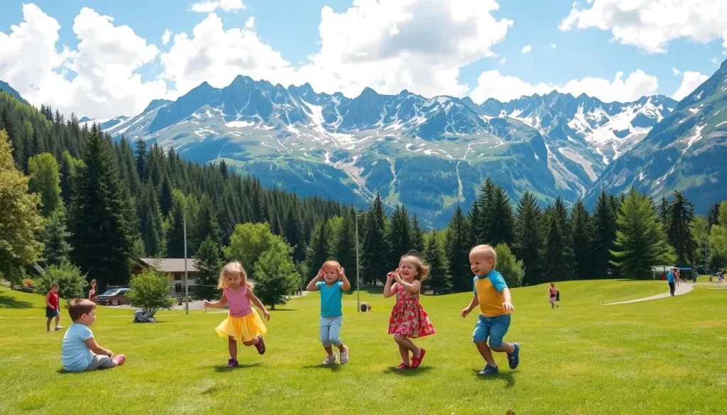 Generate an image of Malbi-Park with children playing in a picturesque Alpine setting.