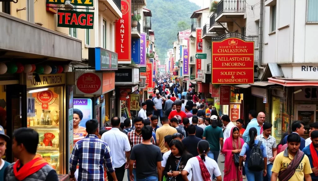 Generate an image of Mall Road in Mussoorie, showcasing its vibrant shopping scene.
