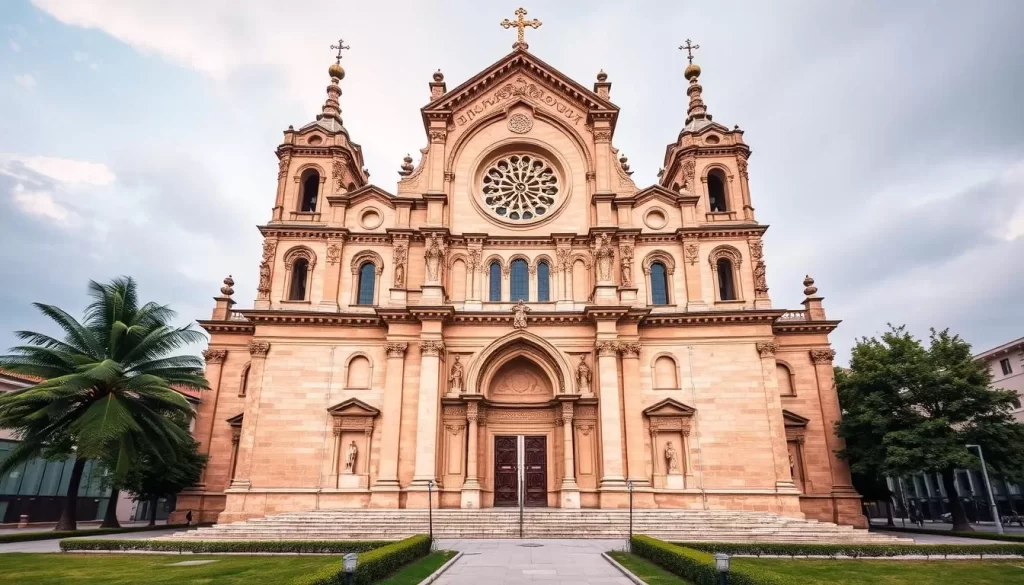 Generate an image of Maria Saal Cathedral's facade, highlighting its architectural details and serene surroundings.