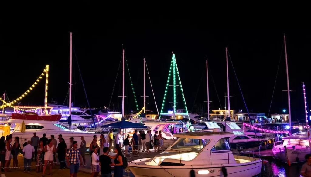 Generate an image of Marmaris nightlife scene with lit-up boats and people enjoying at the marina.