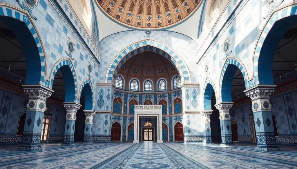 Generate an image of Masjid Sultan Ahmad Shah with its striking blue accents and beautifully tiled interior