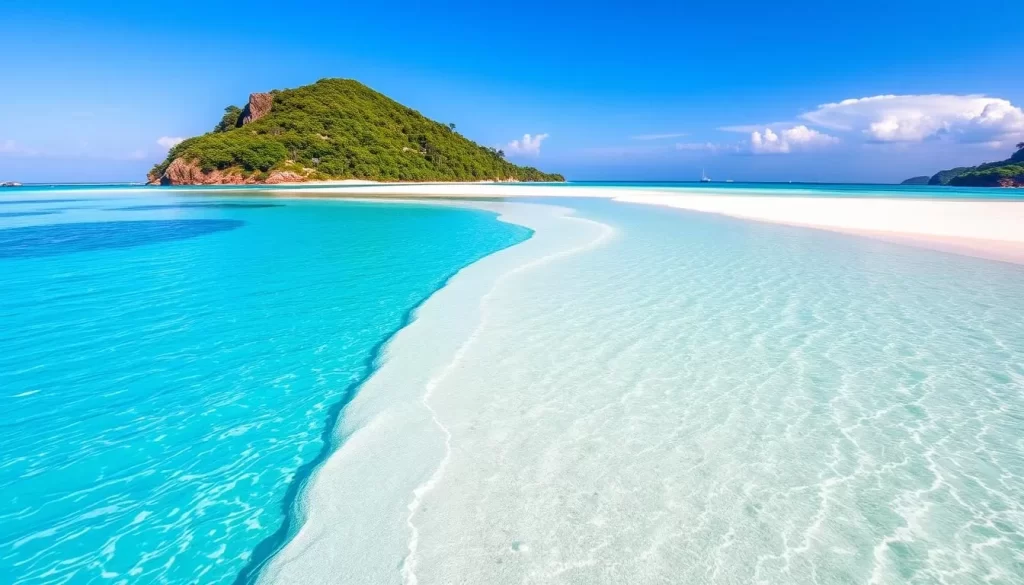 Generate an image of Mataking Island's sandbar with crystal-clear waters and a picturesque beach.