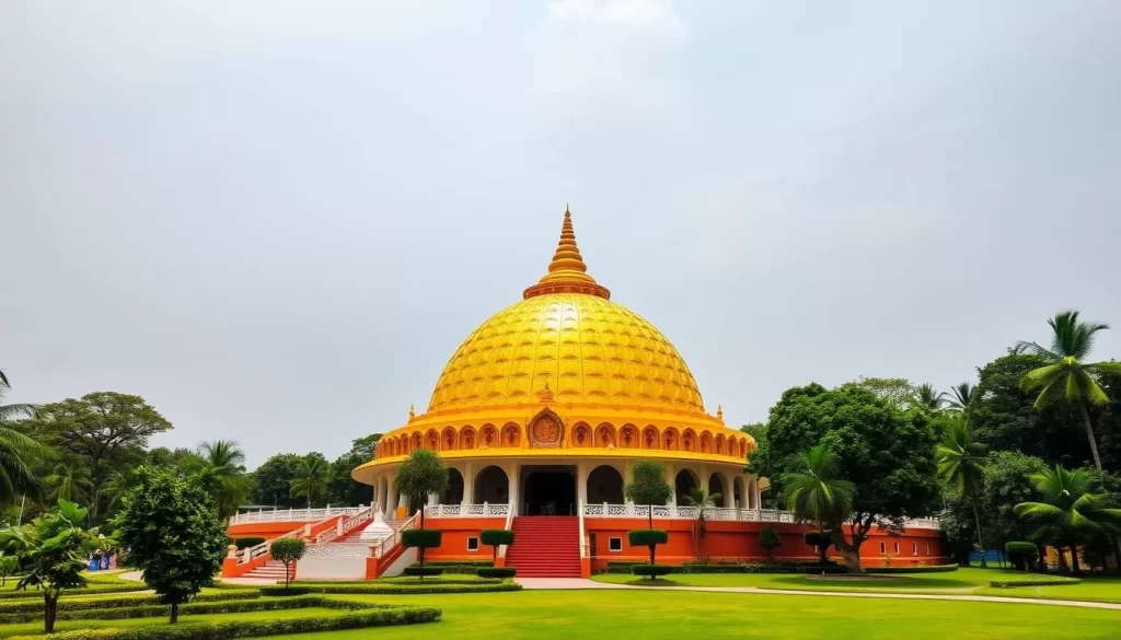 Generate an image of Matrimandir, a golden dome structure in Auroville, Tamil Nadu.