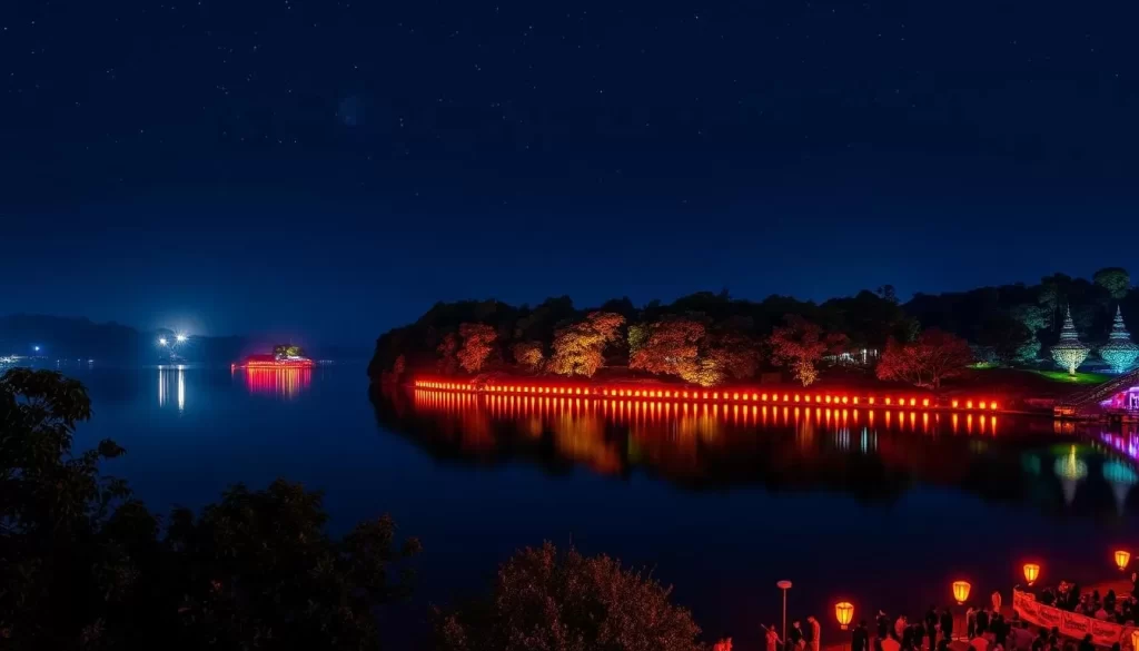 Generate an image of Meihua Lake at night during the 'Dong-Dong with the Moon' festival.