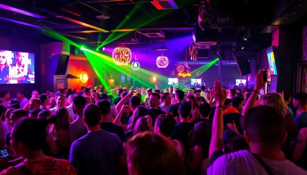 Generate an image of Mesa's vibrant nightlife scene with people enjoying live music at a trendy venue.