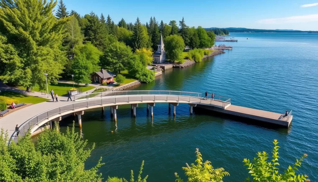 Generate an image of Meydenbauer Bay Park with its curvilinear pedestrian pier stretching into Lake Washington.