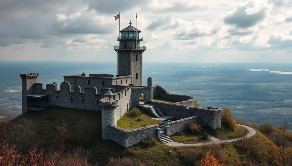 Generate an image of Mont Saint-Jean with its medieval ruins and observation tower.