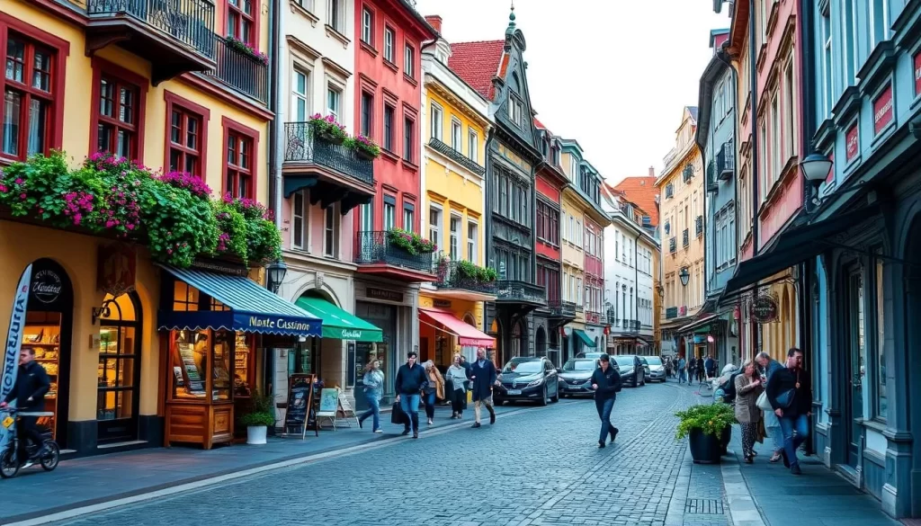 Generate an image of Monte Cassino Street in Sopot, Poland, showcasing its vibrant atmosphere and unique architecture.
