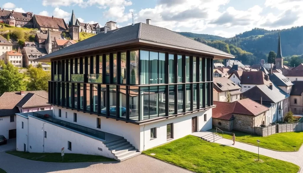 Generate an image of Montforthaus Feldkirch, showcasing its modern architecture amidst medieval surroundings.