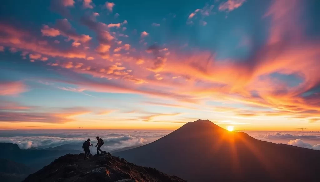 Generate an image of Mount Kinabalu at sunrise with climbers on the trail