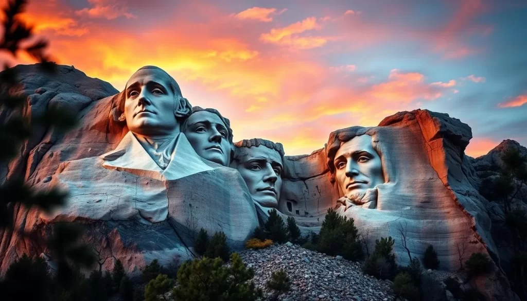 Generate an image of Mount Rushmore National Memorial at sunrise.