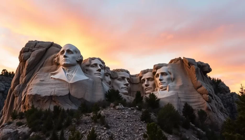 Generate an image of Mount Rushmore National Memorial at sunrise with the presidential faces illuminated.