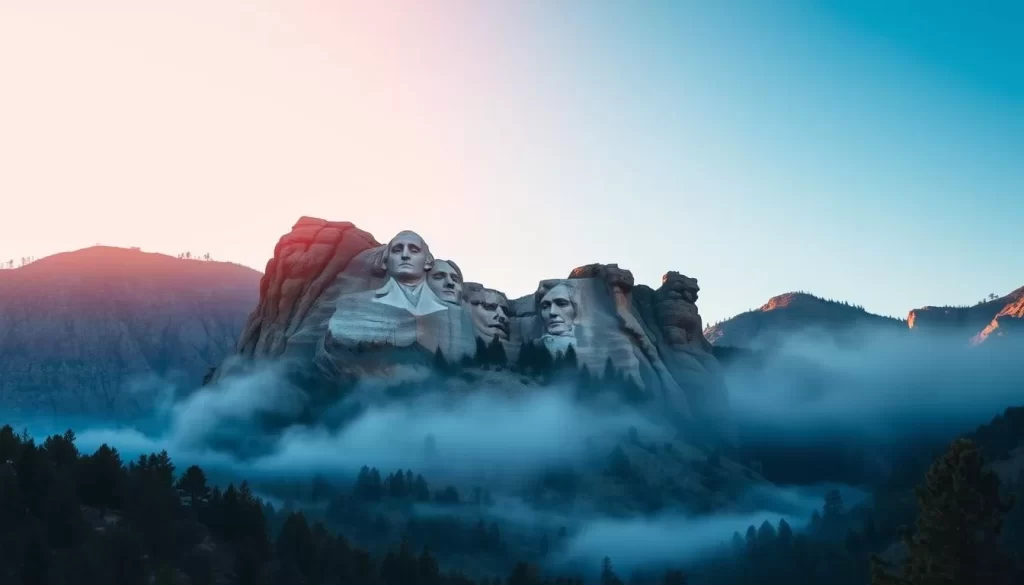 Generate an image of Mount Rushmore during sunrise with a clear blue sky and a gentle mist in the valley.