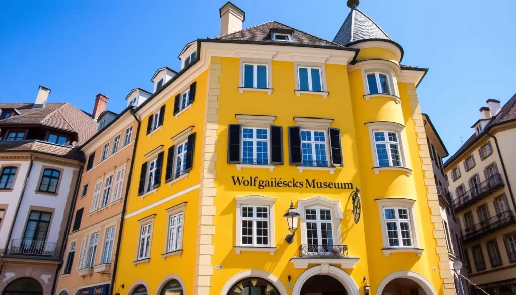 Generate an image of Mozart's Birthplace Museum, a bright yellow building at No.9 Getreidegasse in Salzburg.