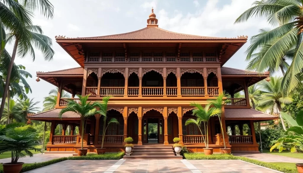 Generate an image of Mrigadayavan Palace, highlighting its elegant teak structures and breezy corridors.