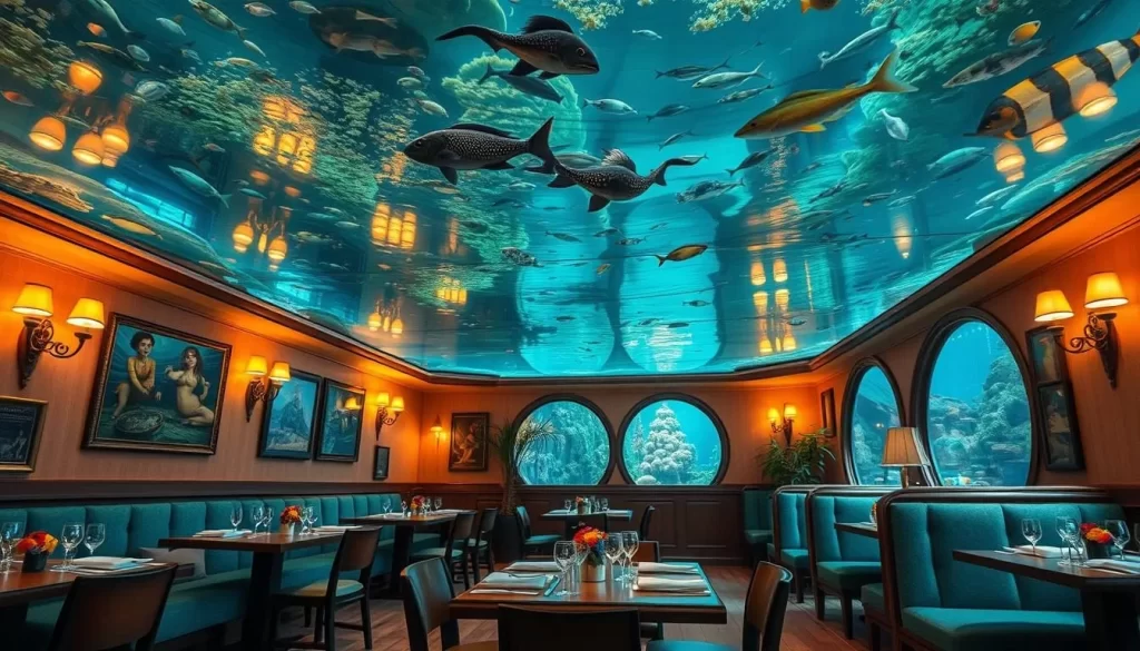 Generate an image of Mrs. Fish's dining area with an aquarium ceiling.
