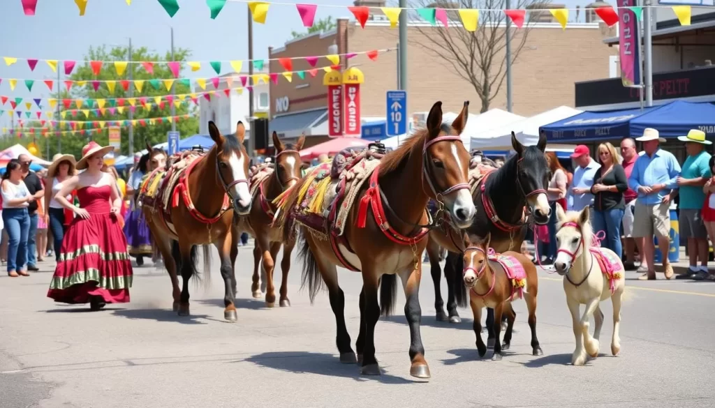 Generate an image of Mule Day in Columbia, with parades, dancing, and competitions featuring mules and their miniature counterparts.