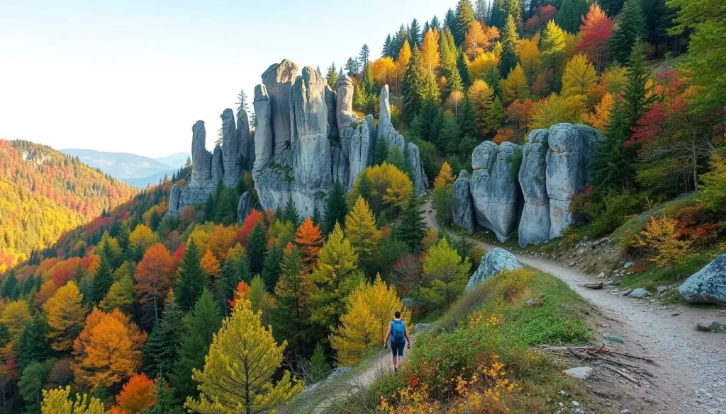 Generate an image of Mullerthal's scenic hiking trails with unique rock formations and lush forests.