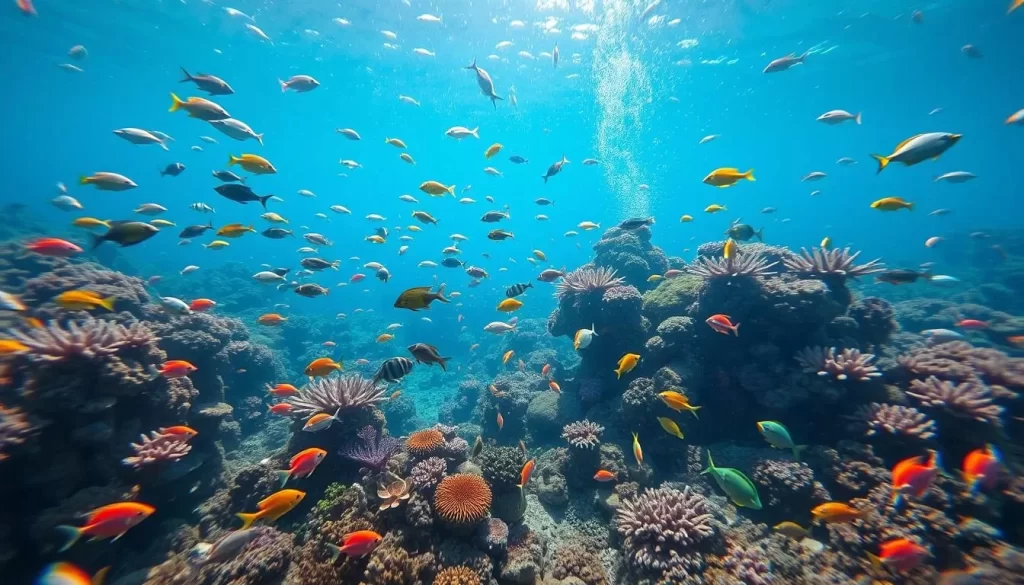 Generate an image of Munseom Island's underwater scenery with diverse marine life.
